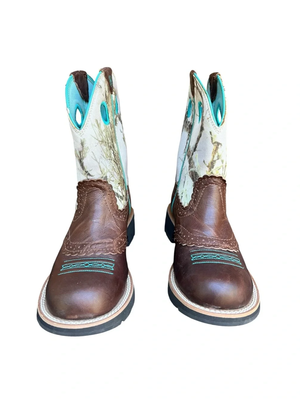 Ariat Fatbaby Realtree Camo Brown Teal Leather Western Cowboy Boots Womens 7.5 - Picture 2 of 13